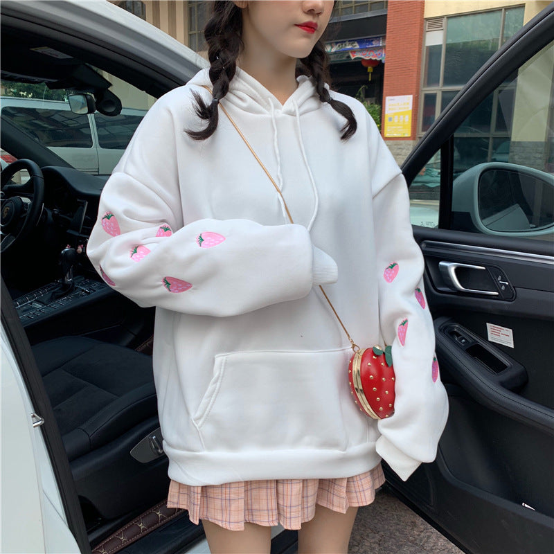 Embroidered Strawberry Hooded Sweater with Velvet Lining