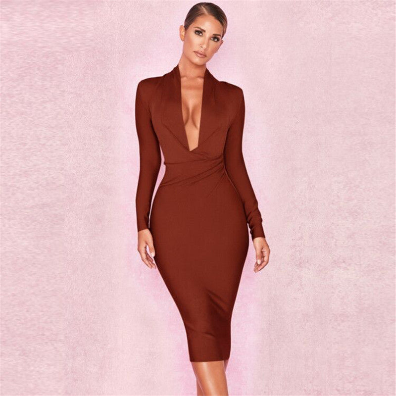 V-neck Tight Wrap Dress for Party and Auto Show Host