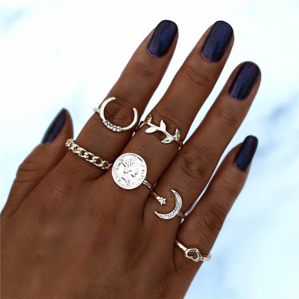 Metal Diamond Love Moon Knuckle Ring 6-Piece Set