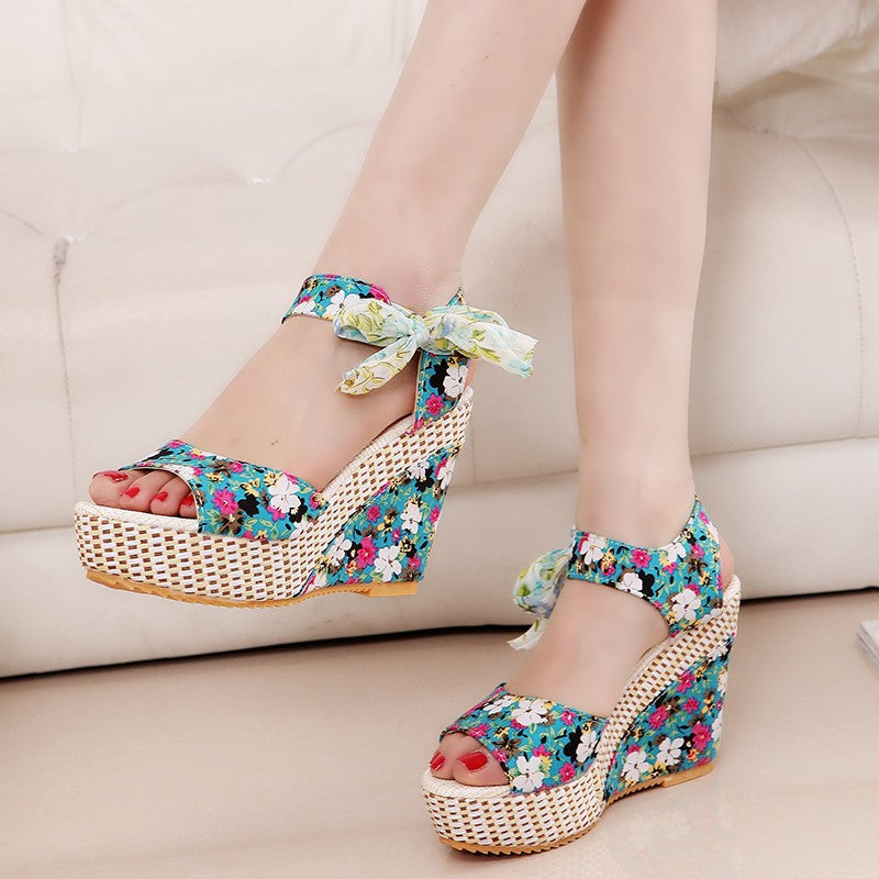 Floral Bow Wedge Heels - Sweet Japanese Sandals