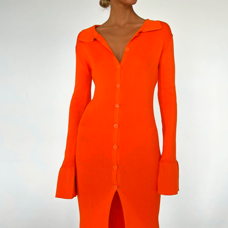 Women's Medium Length Knitted Dress with Split Lapel