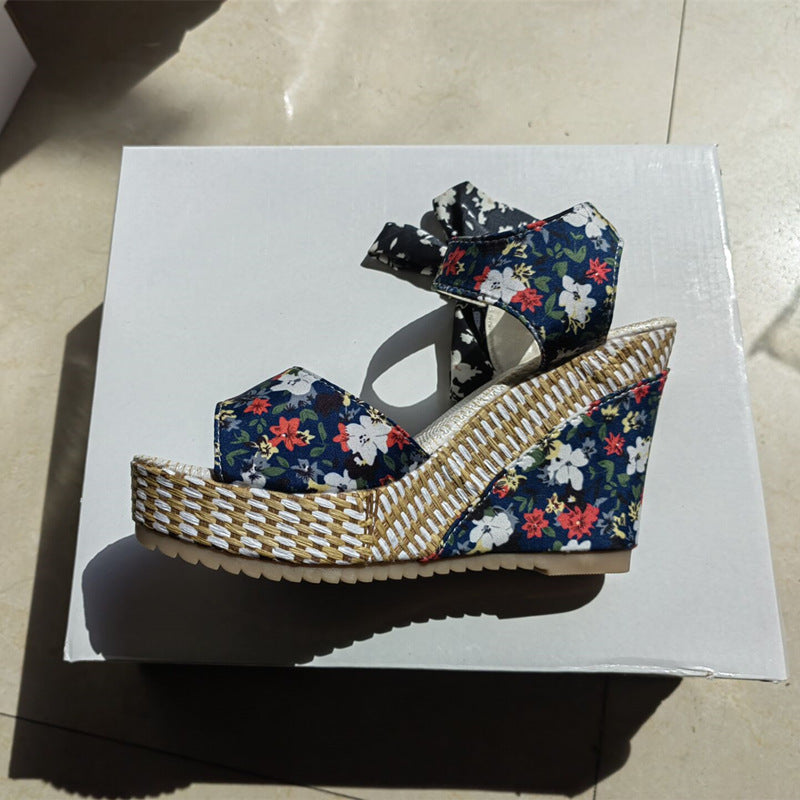 Floral Bow Wedge Heels - Sweet Japanese Sandals