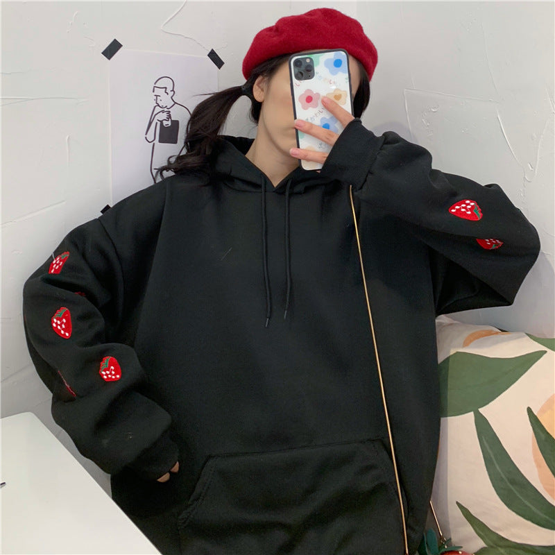 Embroidered Strawberry Hooded Sweater with Velvet Lining