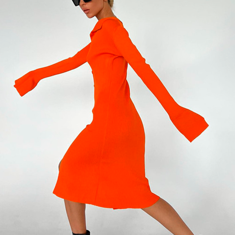 Women's Medium Length Knitted Dress with Split Lapel