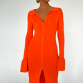 Women's Medium Length Knitted Dress with Split Lapel